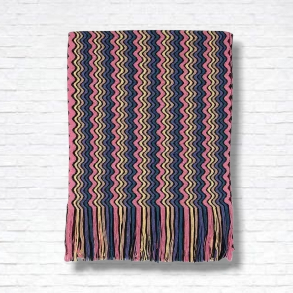NEW! Missoni Multicolour Wavy Pattern Fringe Wool Blend Scarf NWT